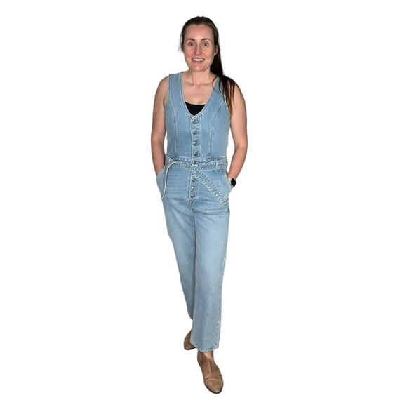 GRLFRND Amaya Blue Denim Jumpsuit Women's Size Medium Western Chic Button Front - Picture 1 of 9